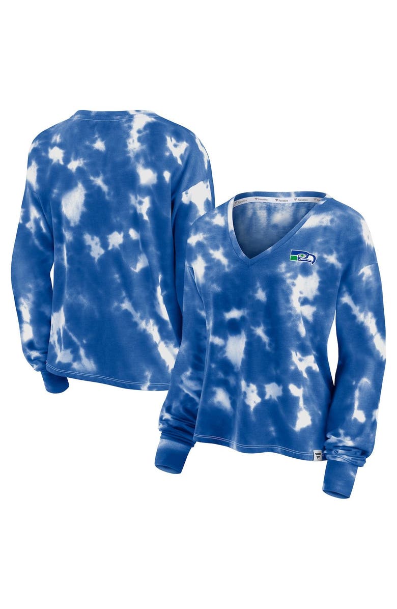 FANATICS Women's Fanatics Branded White/Royal Seattle Seahawks Sport Resort Tie-Dye V-Neck Long Sleeve T-Shirt, Main, color, 