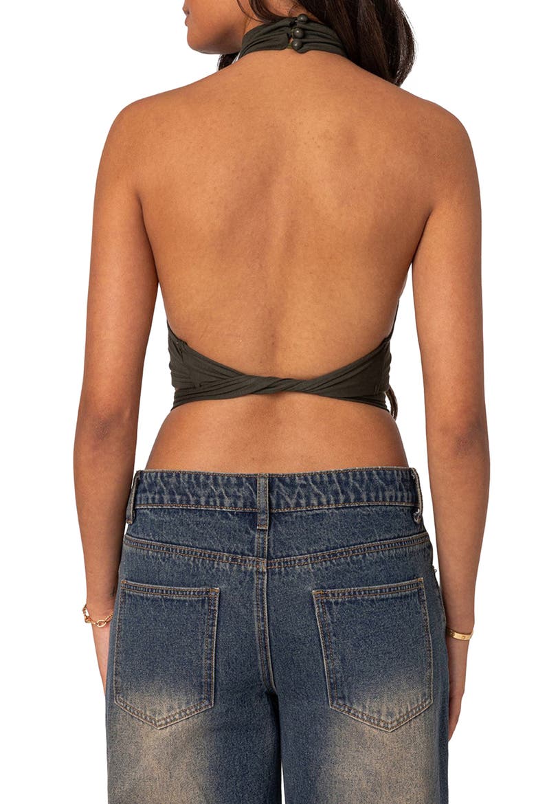 Hamlin Wrap Tie Halter Neck Crop Top, Alternate, color, OLIVE