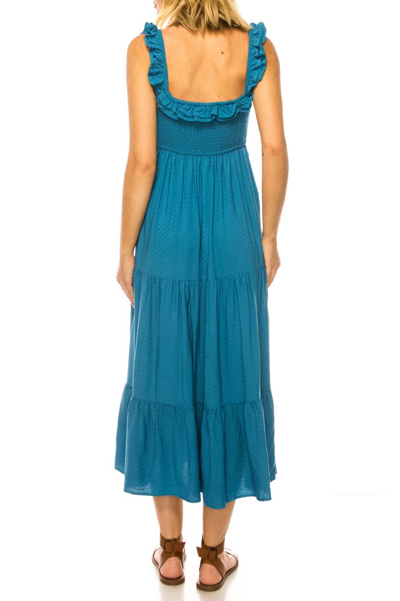 Ruffle Trim Swiss Dot Tiered Midi Dress, Alternate, color, FADED DENIM