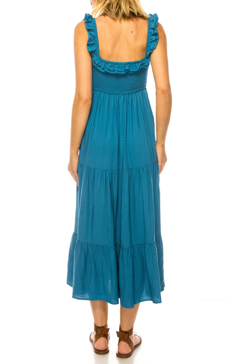 A COLLECTIVE STORY Ruffle Trim Swiss Dot Tiered Midi Dress, Alternate, color, Faded Denim