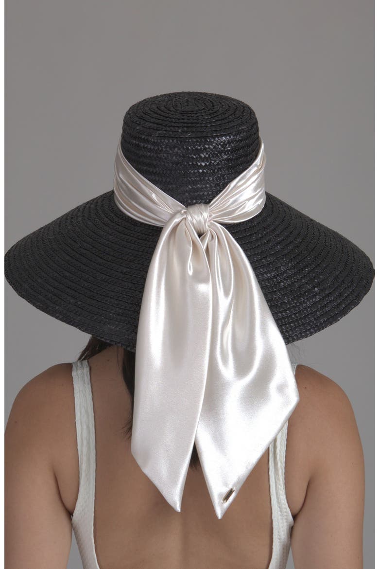 Mirabel Bow Straw Sun Hat, Alternate, color, BLACK