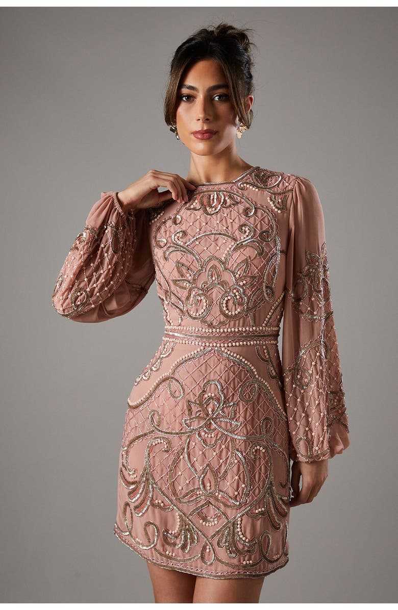 Coast Muse Chiffon Embellished Mini Dress, Alternate, color, Nude