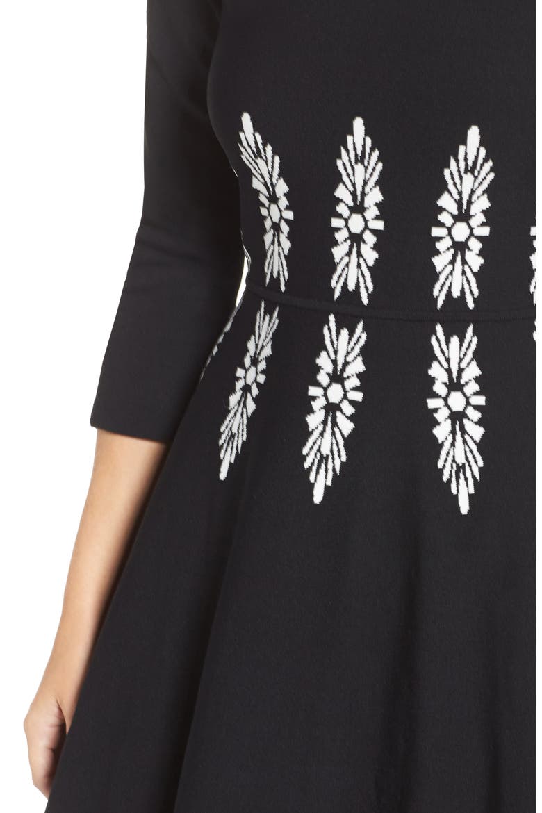 Three-Quarter Sleeve Fit & Flare Dress, Alternate, color, BLACK/ WHITE