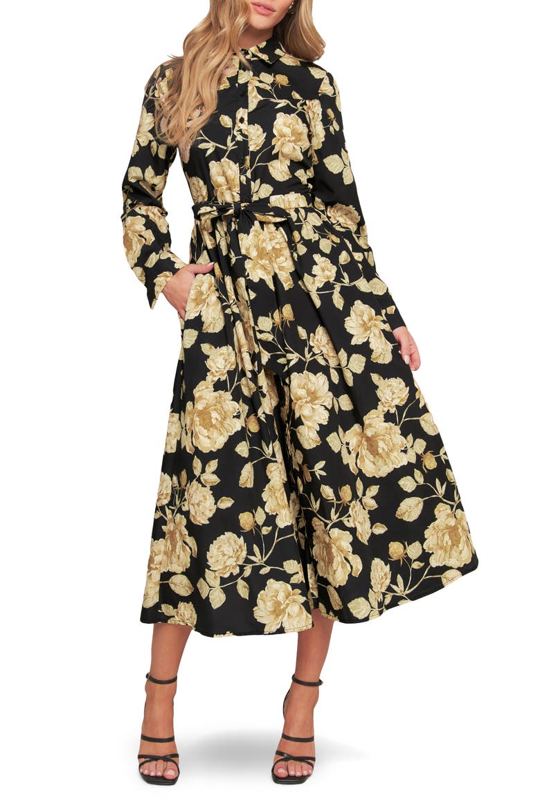 Print Long Sleeve Midi Shirtdress, Main, color, BLACK