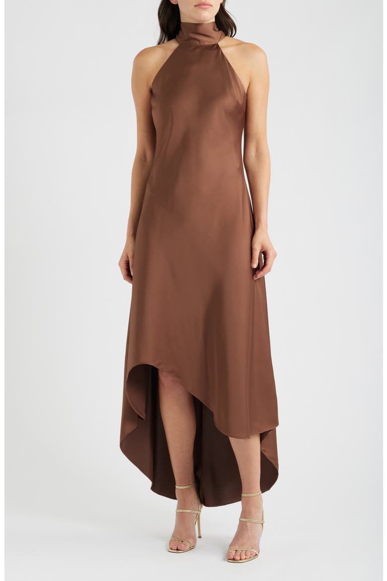 Tie Back Sleeveless High/Low Satin Gown, Main, color, COCOA BROWN