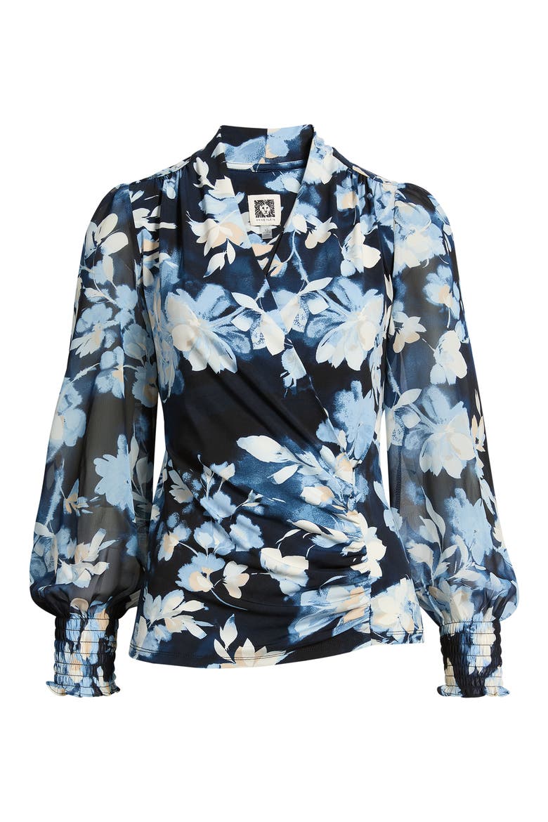 Floral Mix Media Faux Wrap Top, Alternate, color, DUTCH BLUE MULTI