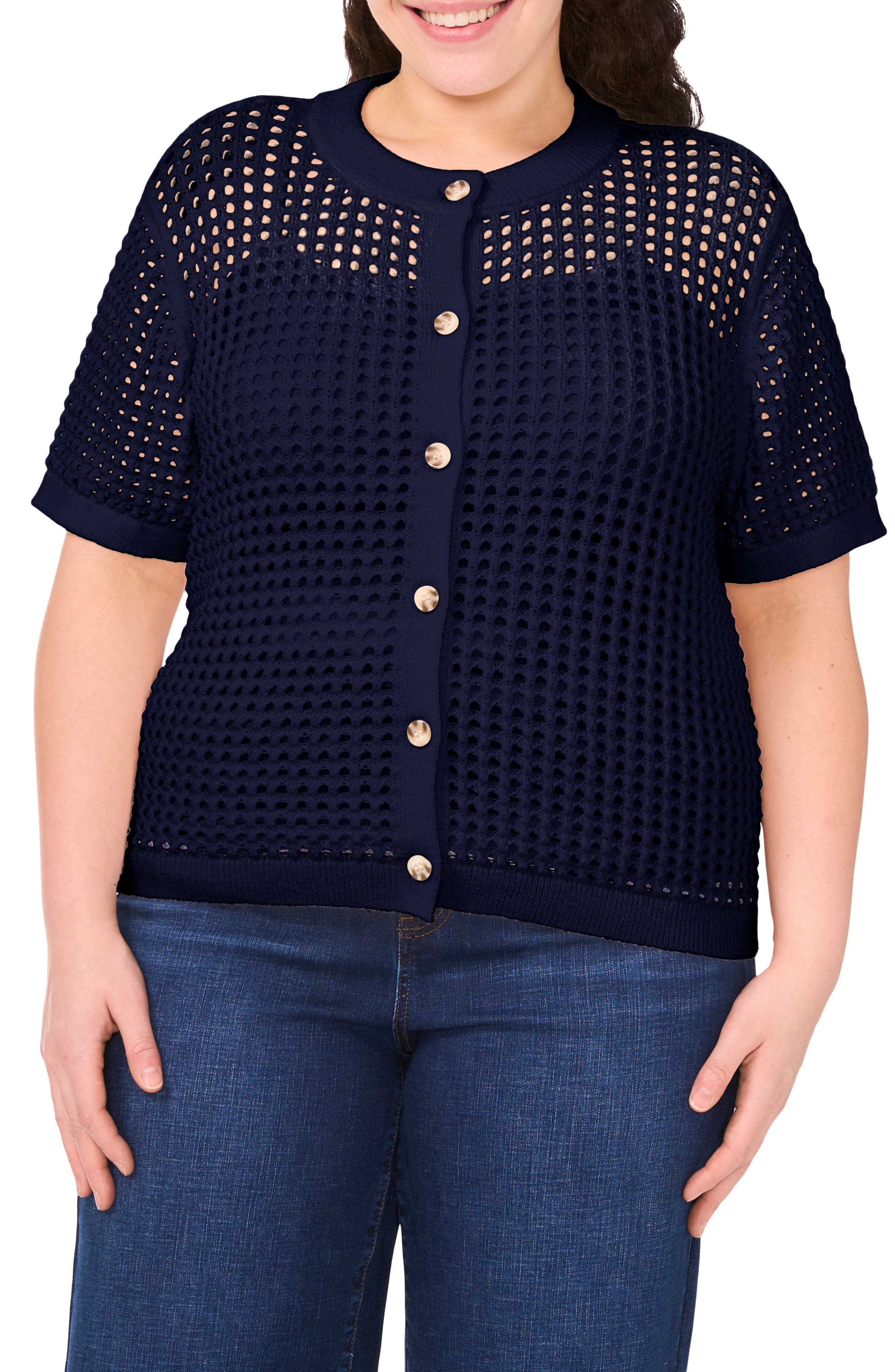 CeCe Open Stitch Short Sleeve Cardigan