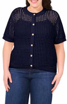 CeCe Open Stitch Short Sleeve Cardigan