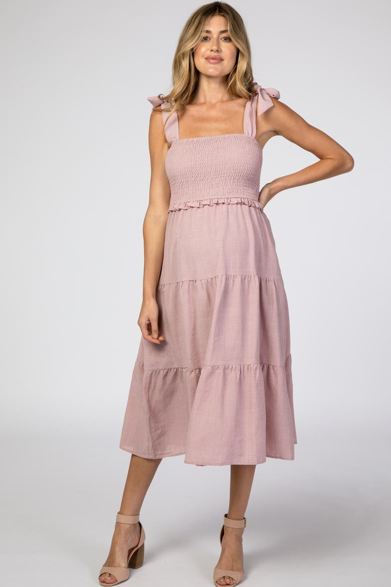 Bow Strap Tiered Midi Dress, Alternate, color, Mauve