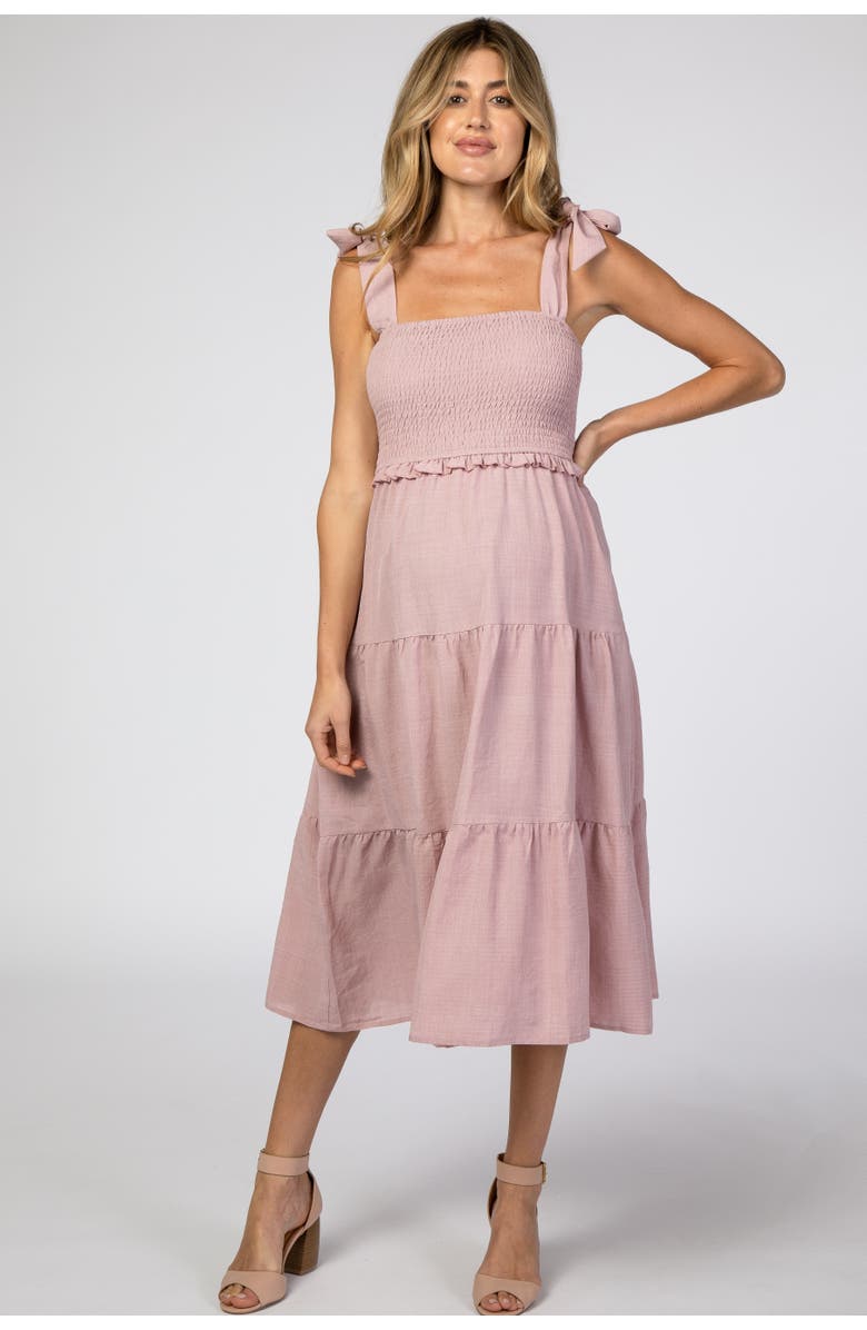 PinkBlush Bow Strap Tiered Midi Dress, Alternate, color, Mauve