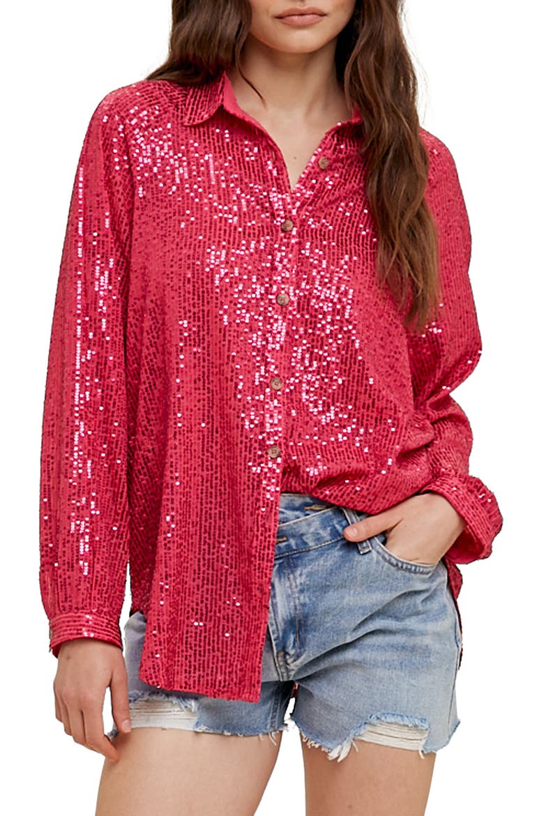 Sequin Button-Up Shirt, Main, color, FUCHSIA