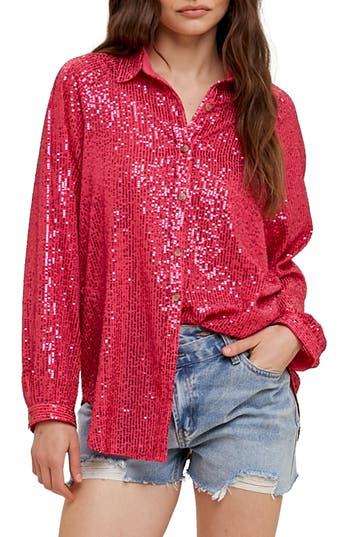Wishlist Sequin Button-up Shirt In Red