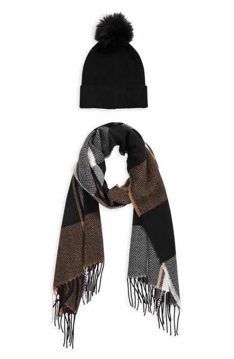 Vince Camuto Plaid Wrap Scarf & Faux Fur Pompom Beanie Set