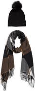 Vince Camuto Plaid Wrap Scarf & Faux Fur Pompom Beanie Set