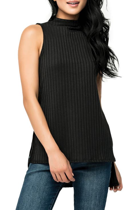 Ribbed High-Low Mock Neck Tunic Tank