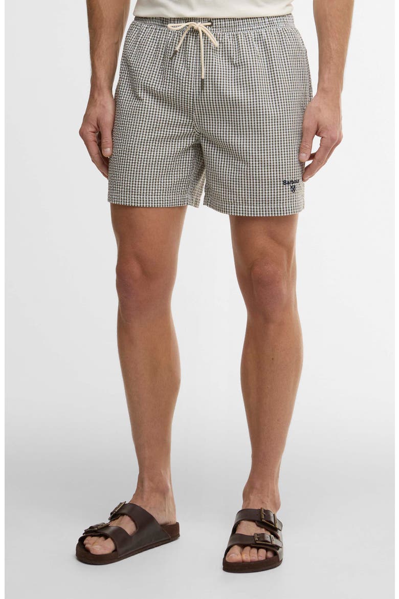 Gingham Seersucker Swim Trunks, Main, color, OLIVE