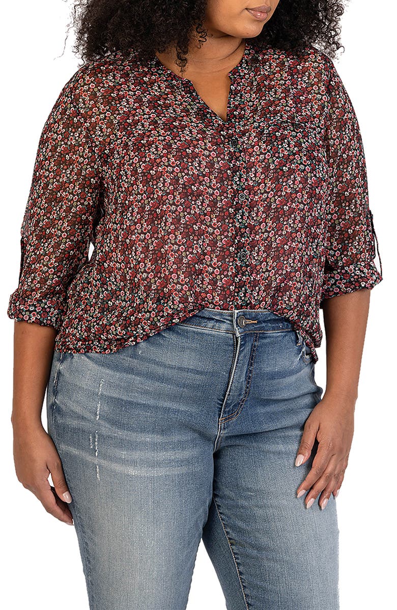 KUT from the Kloth Jasmine Roll Sleeve Top, Main, color, Santiago Redux-Black/ Green