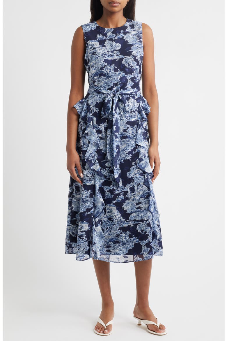 Landscape Print Sleeveless Midi Dress, Main, color, NAVY IVORY