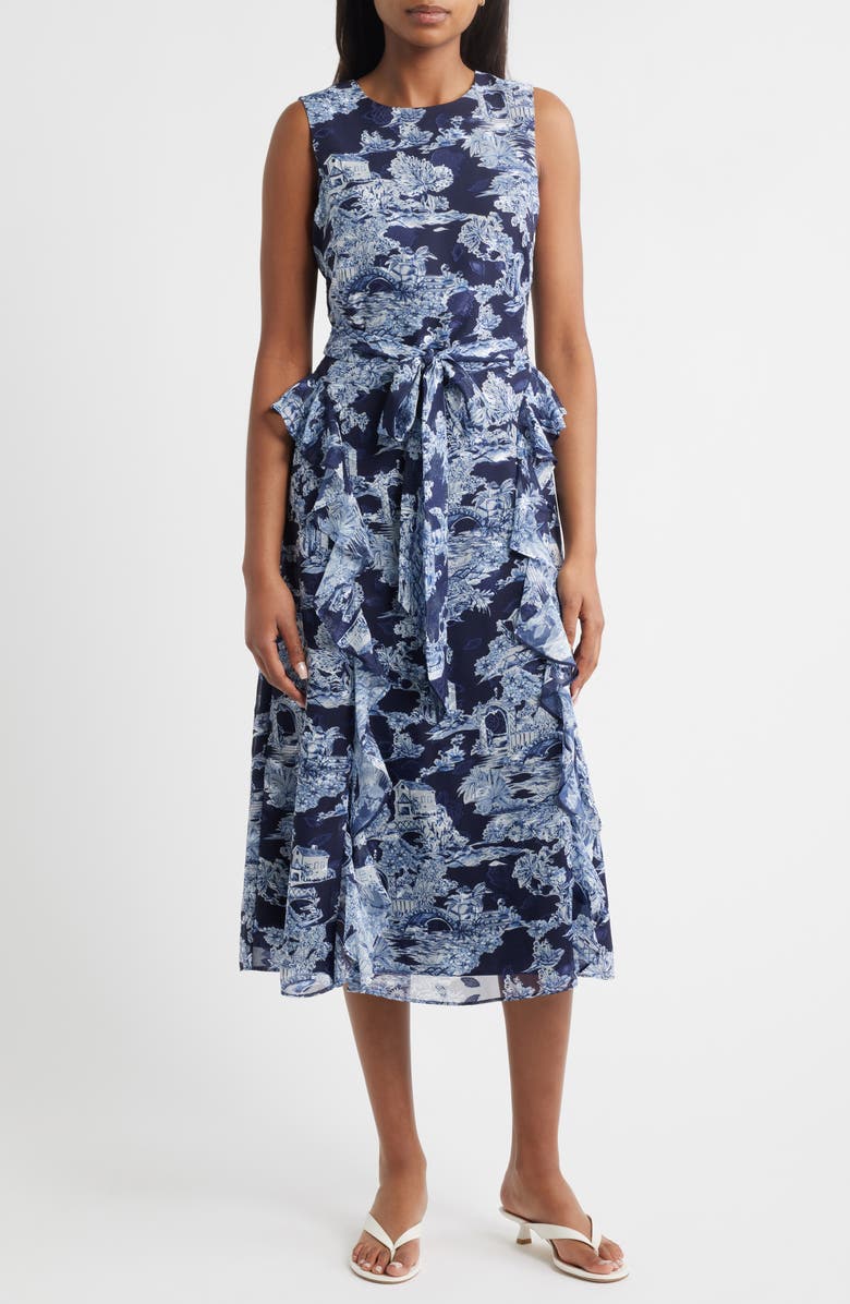 Eliza J Landscape Print Sleeveless Midi Dress, Main, color, Navy Ivory