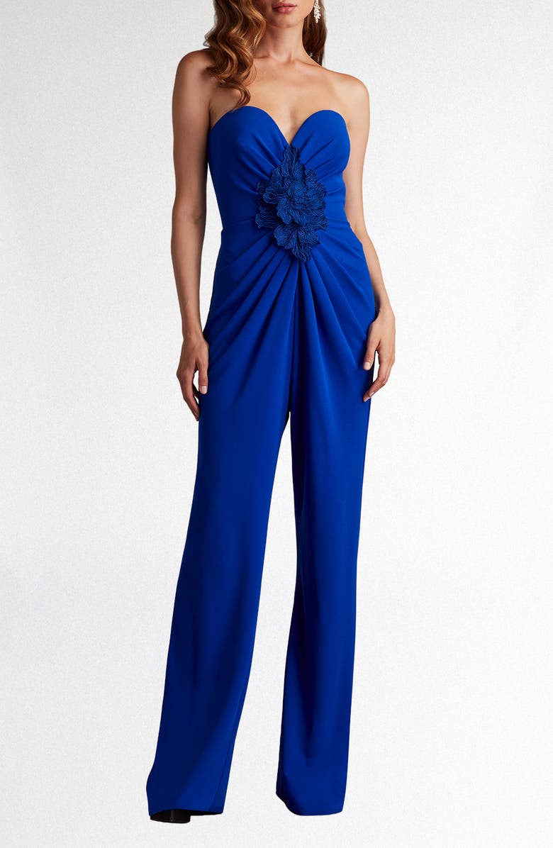 Tadashi Shoji Embroidered Flower Detail Strapless Jumpsuit, Alternate, color, Blue Bell