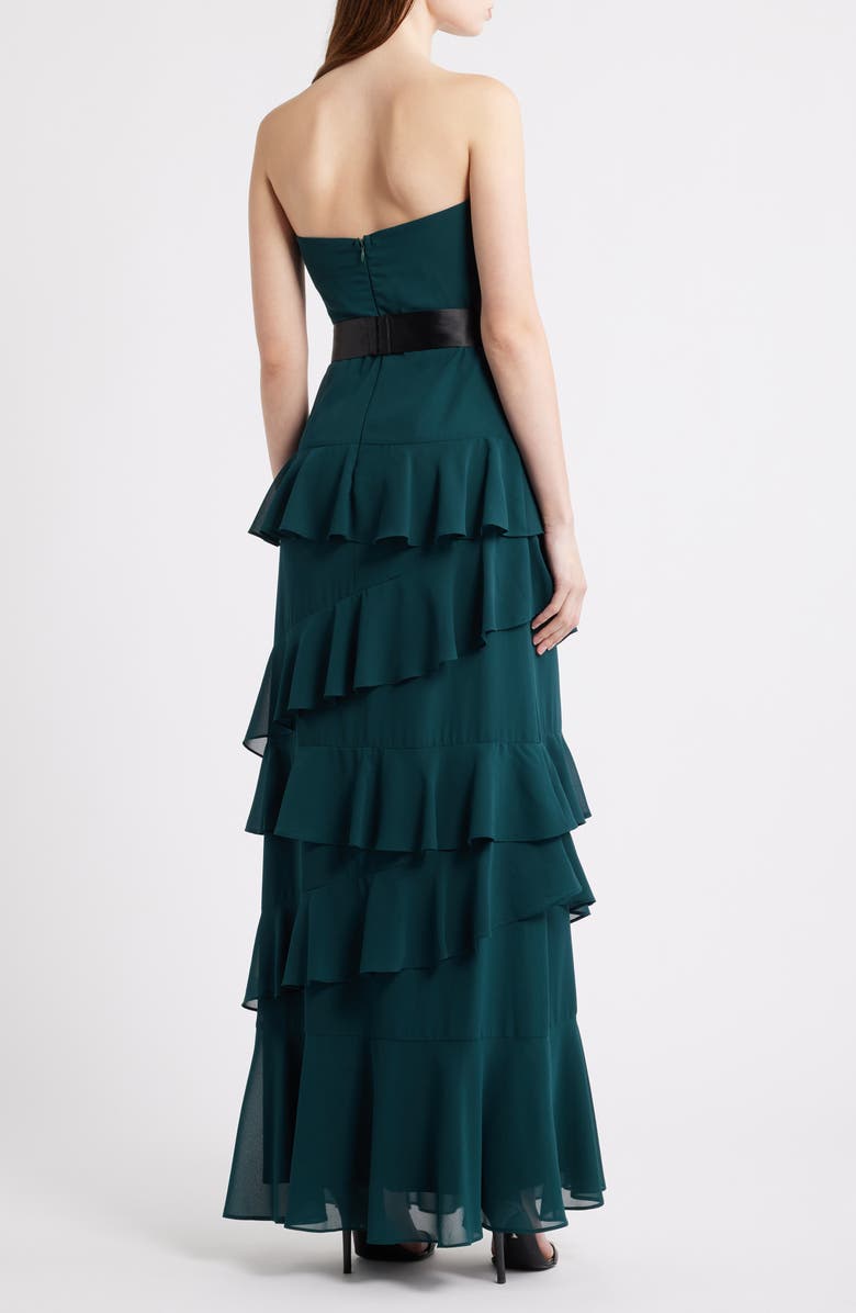 Lulus Amalia Strapless Ruffle Tiered Gown, Alternate, color, Emerald