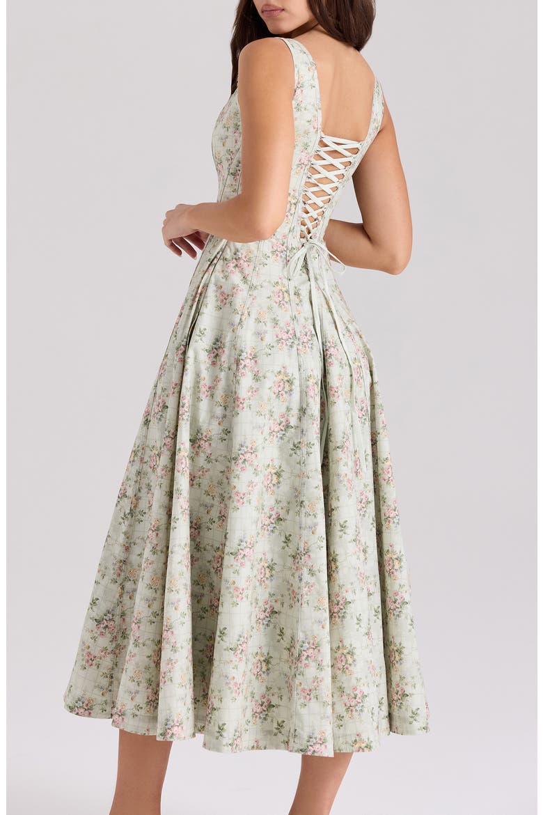 Mariabella Lace-Up Stretch Cotton Midi Dress, Alternate, color, VINTAGE FLORAL AND SAGE