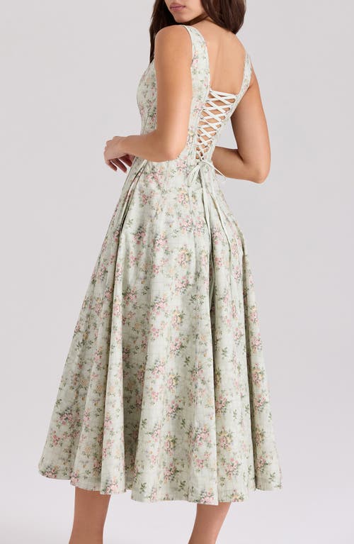 House Of Cb Mariabella Lace-up Stretch Cotton Midi Dress In Vintage Floral And Sage