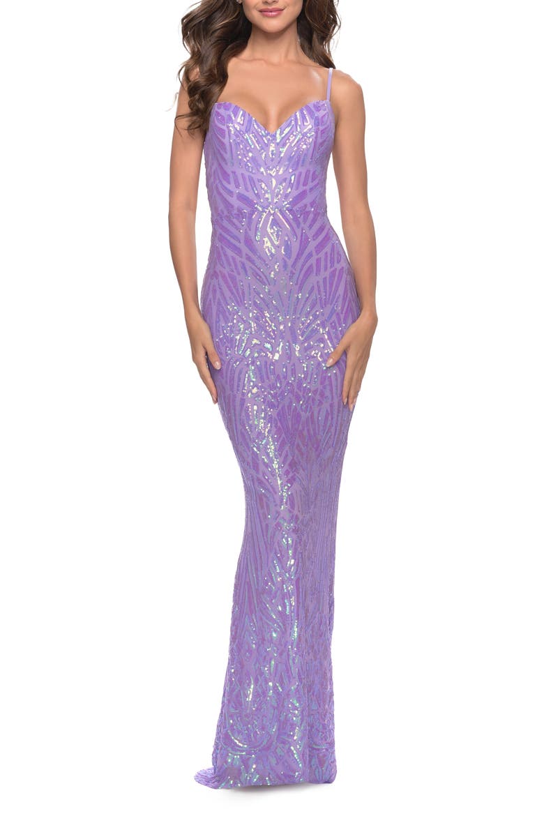 Gorgeous Print Sequin Dress with Lace Up Back, Main, color, Lavender
