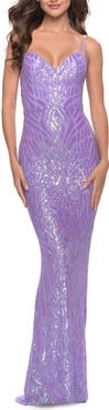 La Femme Gorgeous Print Sequin Dress with Lace Up Back