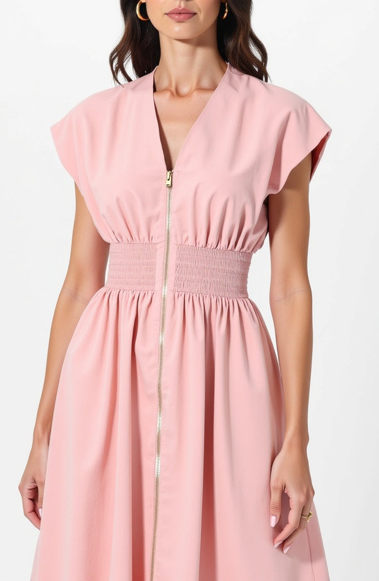 Modenaire Cap Sleeve Midi Dress with Smocked Waist Front Zip and Side Pockets, Alternate, color, Pink