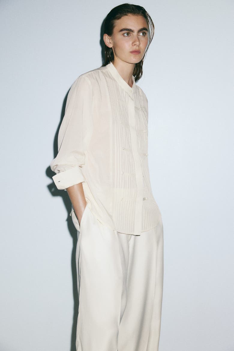 Button-front Pintuck Blouse, Alternate, color, Light beige
