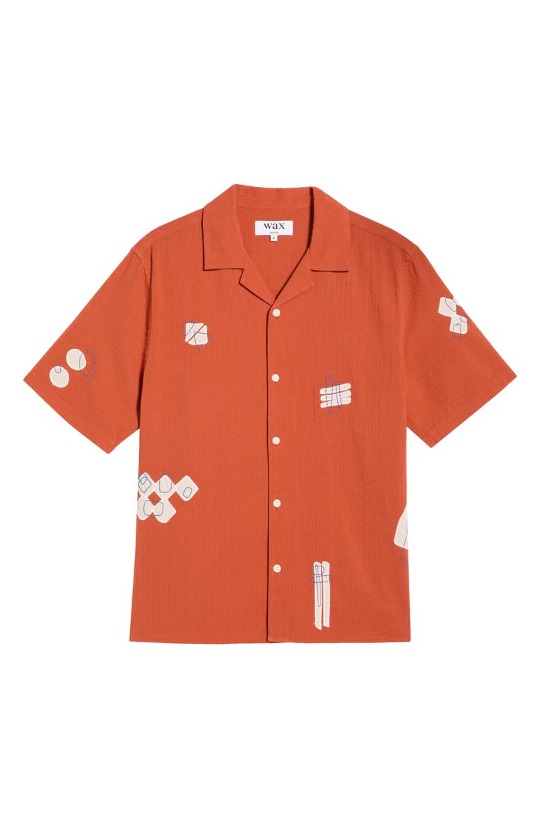 Wax London Didicot Scribble Appliqué Cotton Seersucker Camp Shirt, Main, color, Terracotta / Ecru