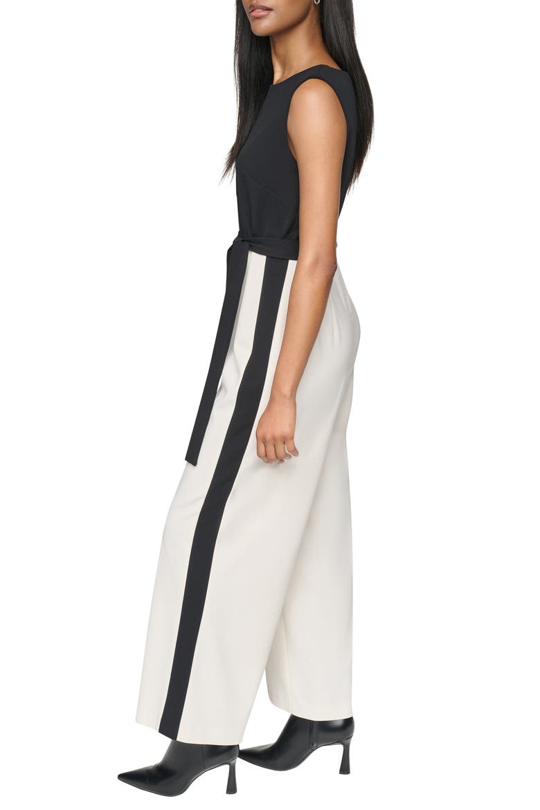 Tie Waist Wide Leg Jumpsuit, Alternate, color, BLACK/ EGGSHELL