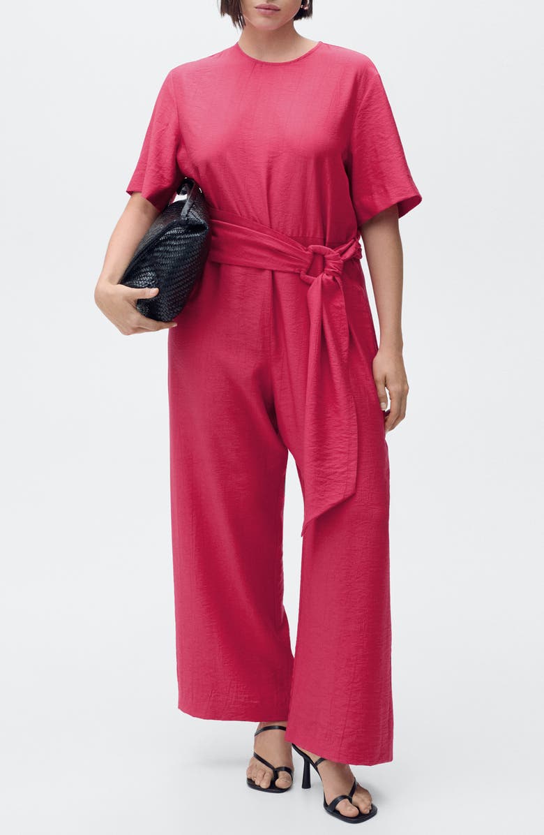 MANGO Belted Wide Leg Jumpsuit, Alternate, color, Fuchsia