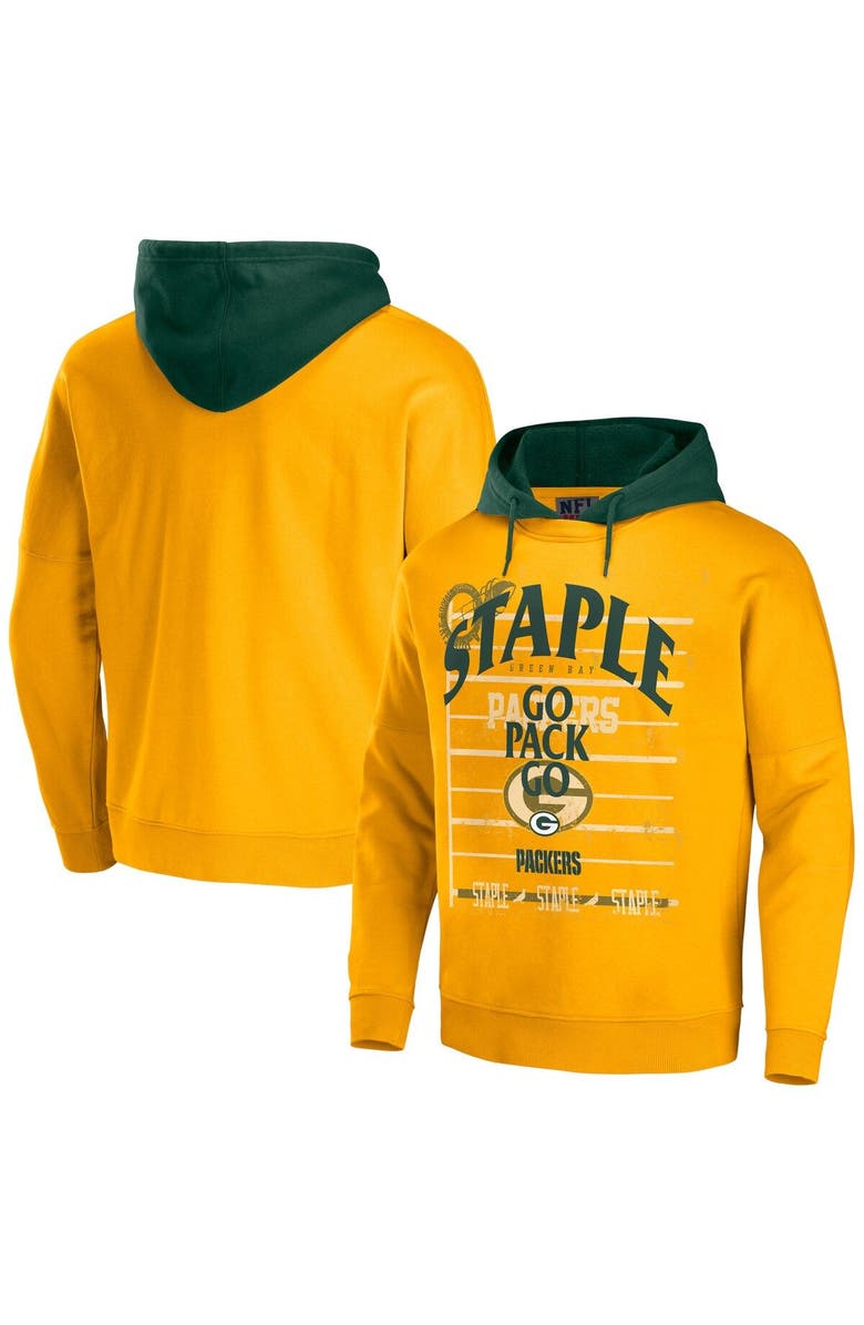 STAPLE Men's NFL x Staple Gold Green Bay Packers Throwback Vintage Wash Pullover Hoodie, Main, color,