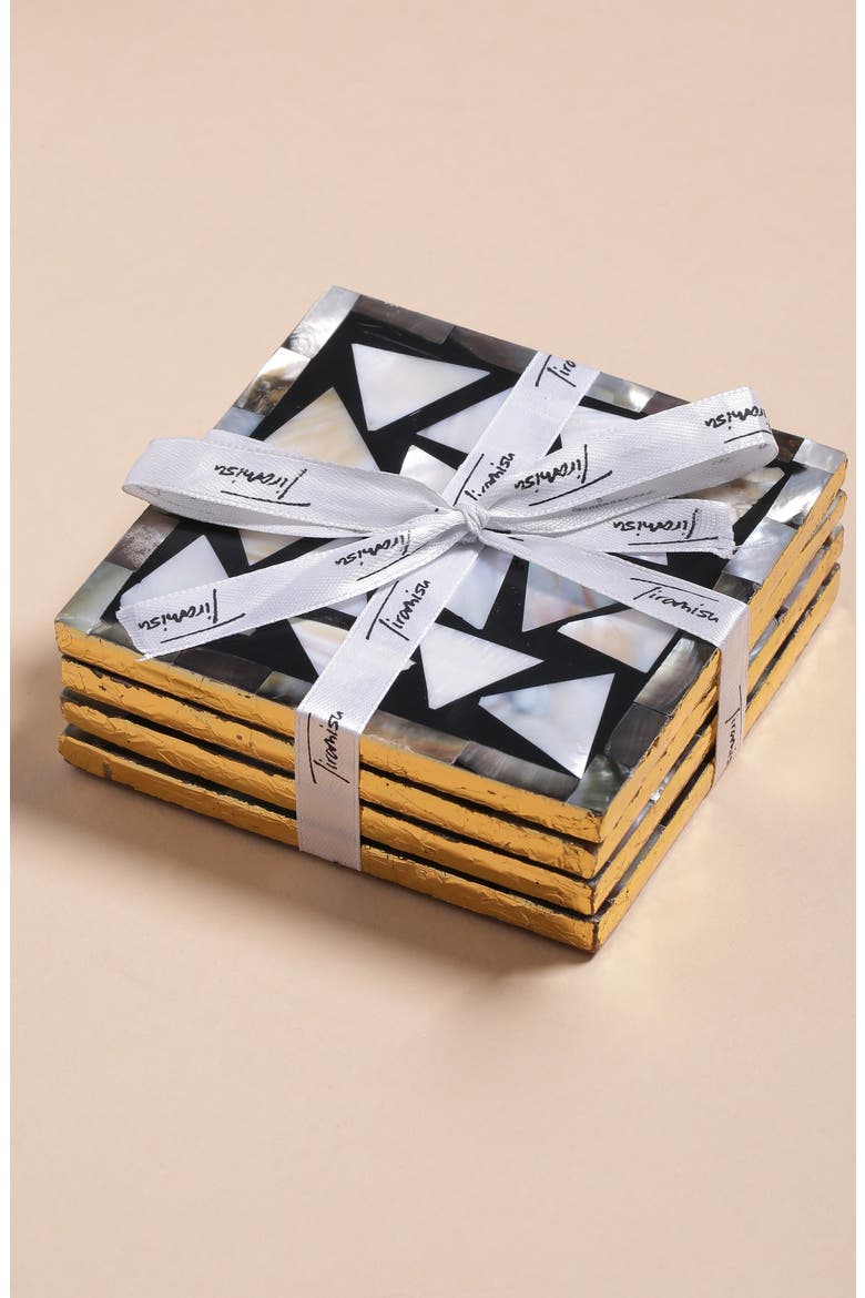 Set of 4 Mother of Pearl Resin Coasters, Alternate, color, BLACK/ WHITE