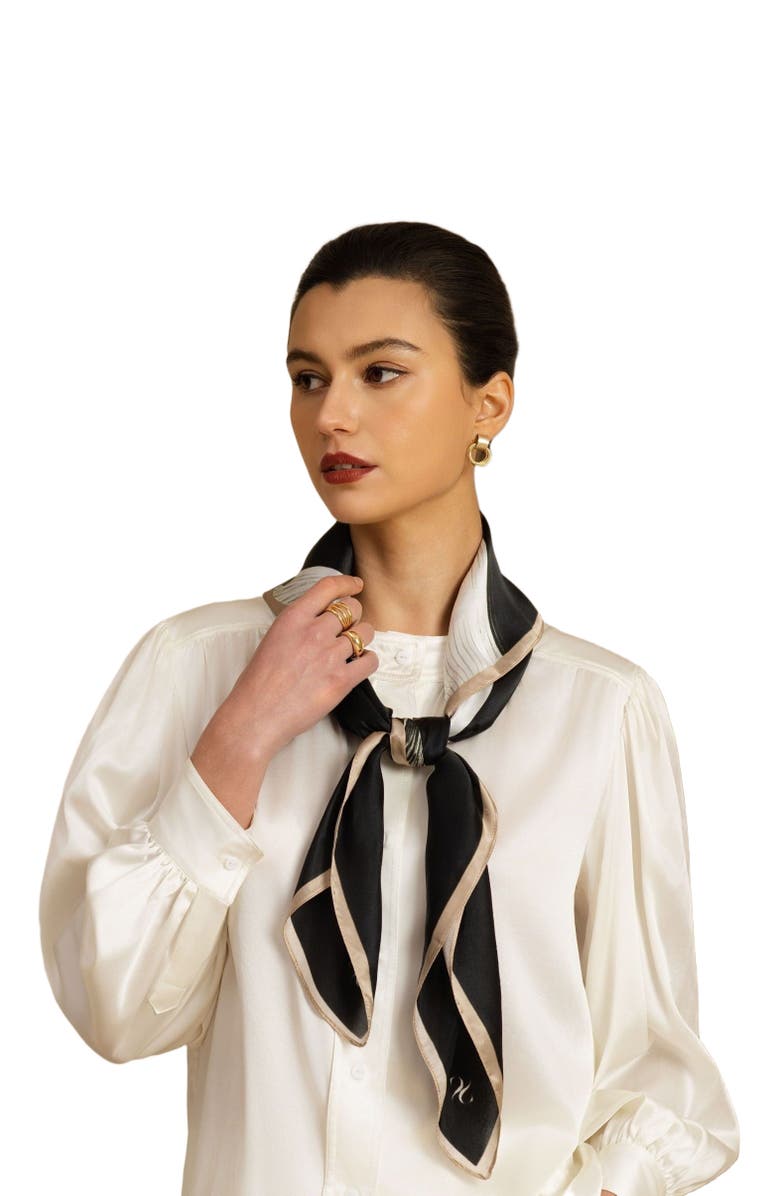 SILKSILKY Pure Silk White Ribbon Square Scarf, Alternate, color, Black