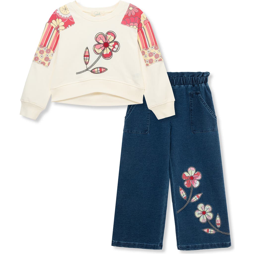 Peek Aren't You Curious Kids' Floral Appliqué Sweatshirt & Knit Pants Set In White