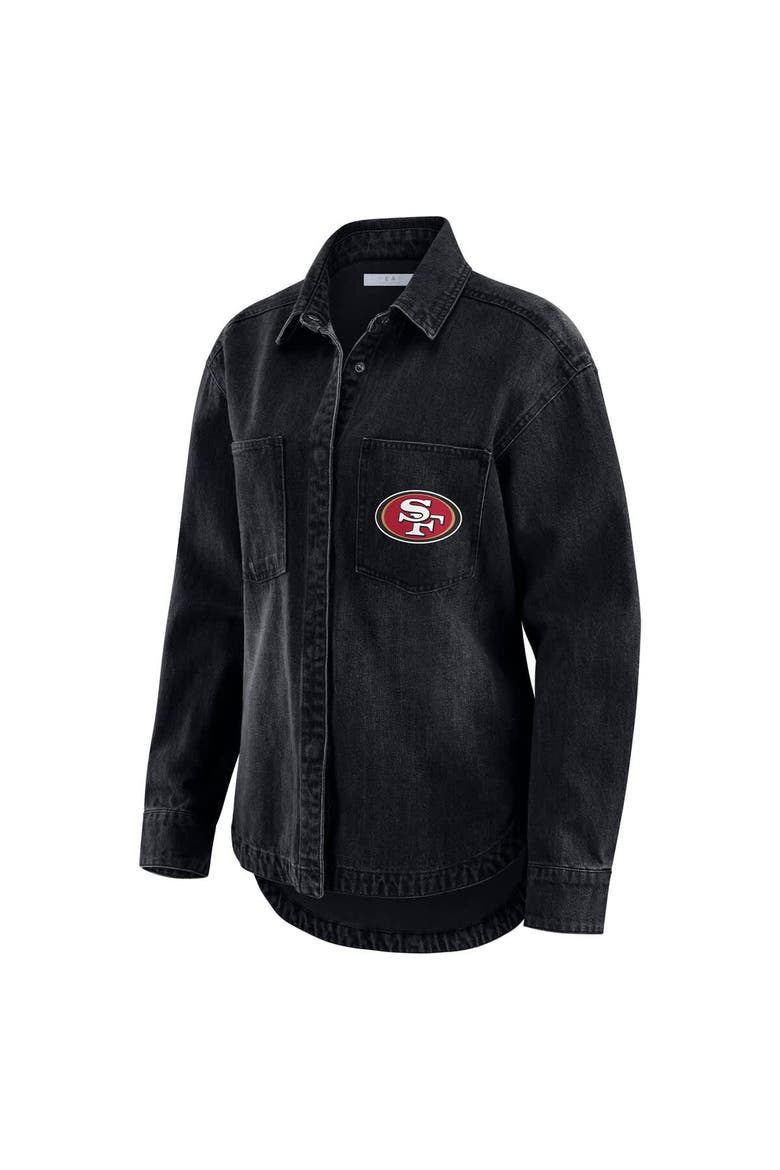 Women's WEAR by Erin Andrews Black San Francisco 49ers Washed Oversized Denim Full-Snap Shacket, Alternate, color, Black