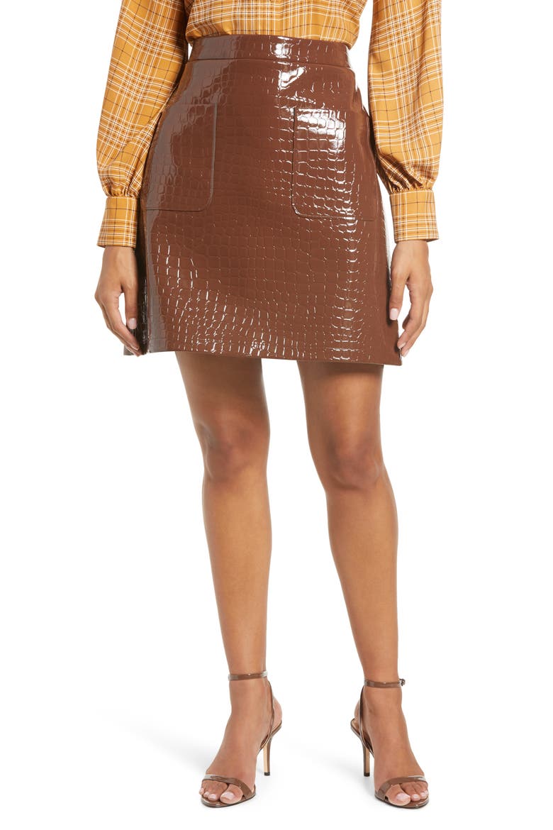 x Atlantic-Pacific Croc Embossed Faux Leather Miniskirt, Main, color, BROWN SOIL