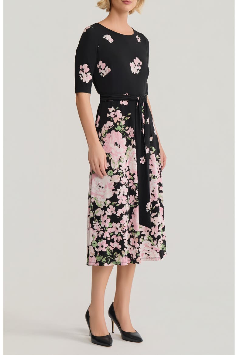 Floral Tie Belt A-Line Dress, Alternate, color, BLACK/ TUTU MULTI