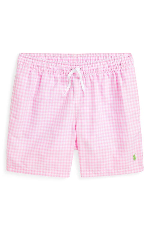 Polo Ralph Lauren Kids' Traveler Gingham Print Recycled Polyester Swim Trunks in Classic Gingham Carmel Pink at Nordstrom