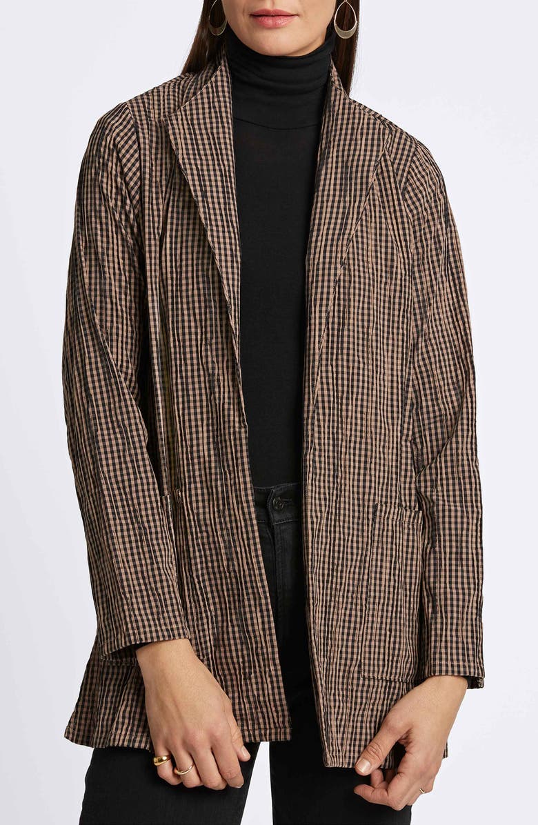 Foxcroft Alana Crinkle Cotton Blend Gingham Jacket, Alternate, color, Almond/ Black