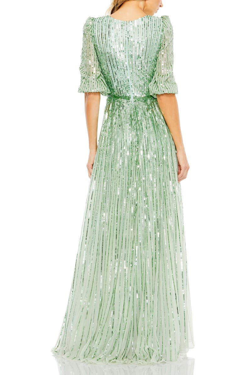 Mac Duggal Sequined Wrap Over 3/4 Sleeve Gown, Alternate, color, Sage