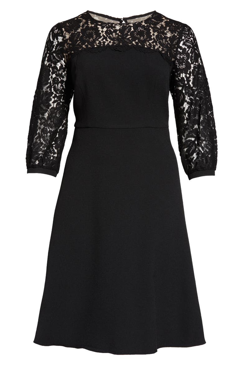 Lace Long Sleeve Midi Crepe Cocktail Dress, Alternate, color, BLACK