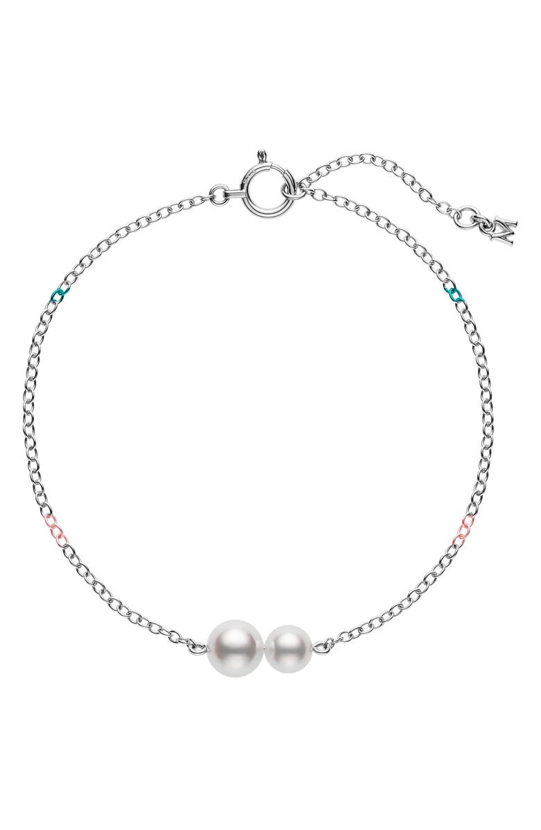 Mikimoto Cultured Pearl Station Bracelet, Main, color, White Gold