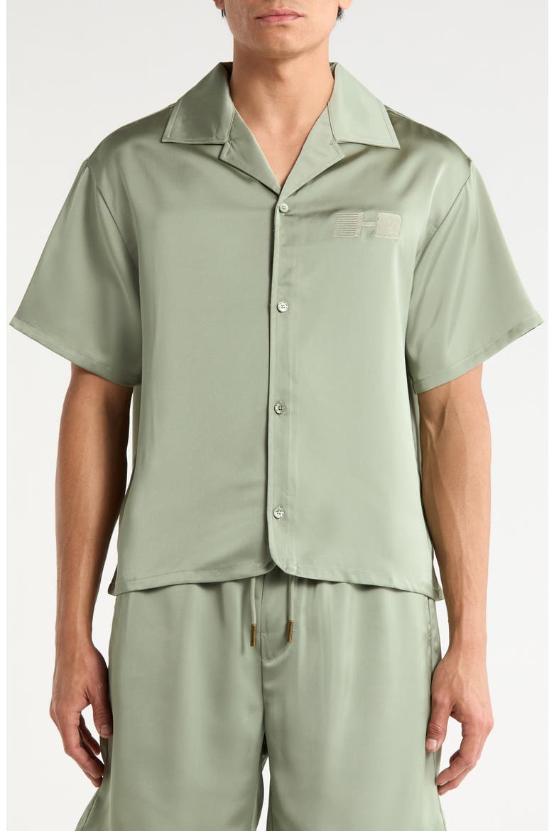 Satin Logo Embroidered Button-Up Camp Shirt, Alternate, color, SAGE