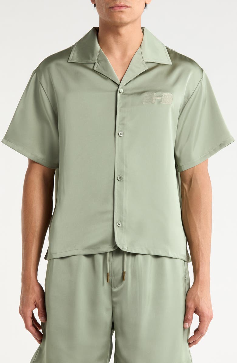 HONOR THE GIFT Satin Logo Embroidered Button-Up Camp Shirt, Alternate, color, Sage