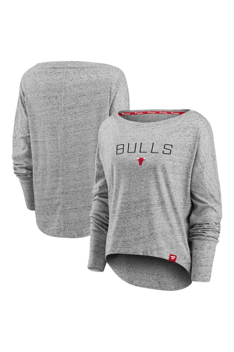 Women's Fanatics Branded Heathered Gray Chicago Bulls Nostalgia Off-The-Shoulder Long Sleeve T-Shirt, Main, color, Heather Gray