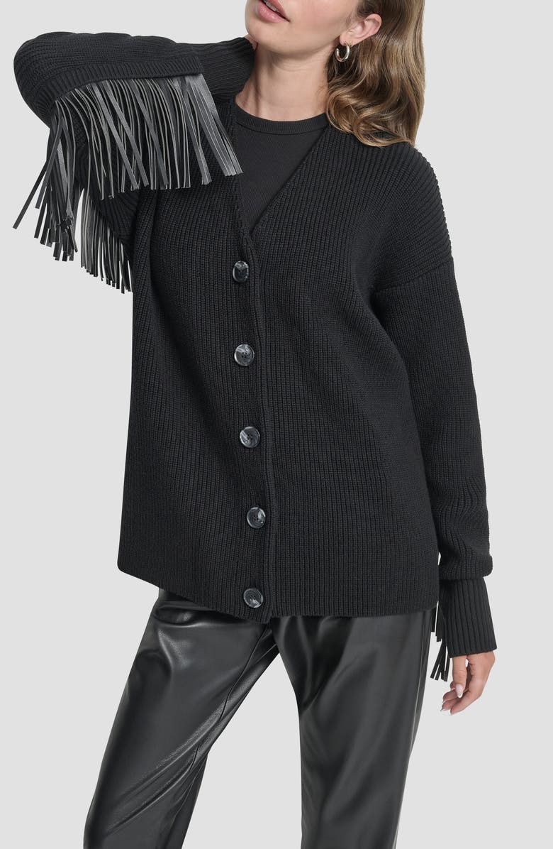 DKNY Faux Leather Fringe Cardigan, Alternate, color, Black